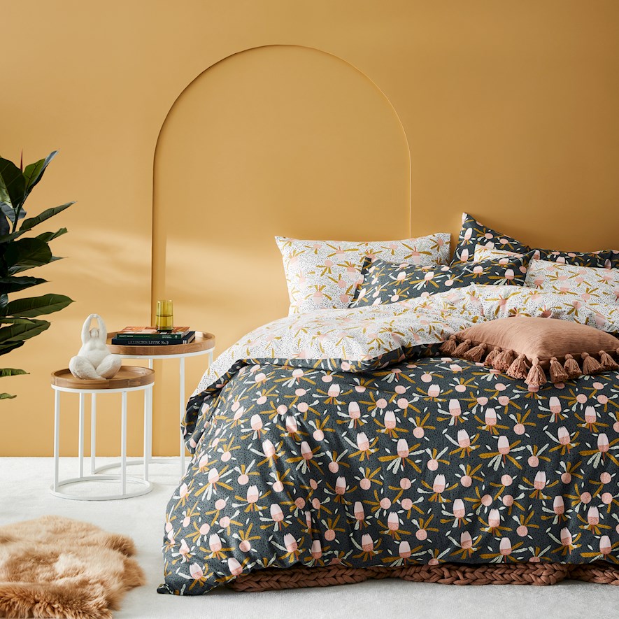 Printed White Banksia Flannelette Quilt Cover Set + Separates Adairs