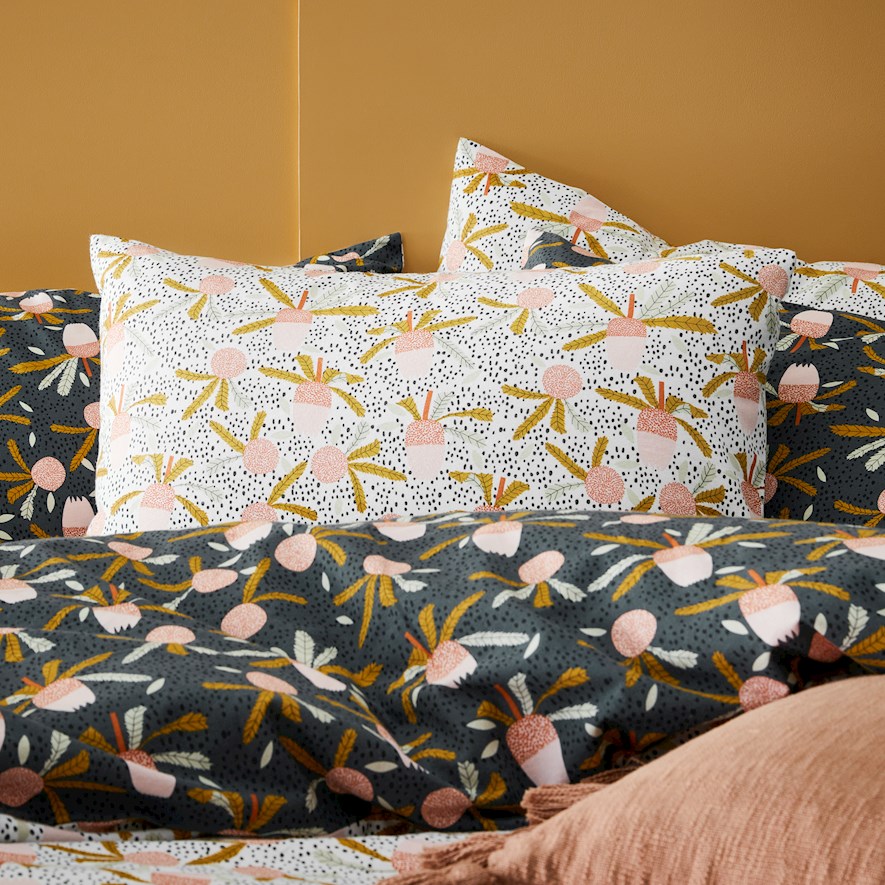 Printed White Banksia Flannelette Quilt Cover Set + Separates Adairs
