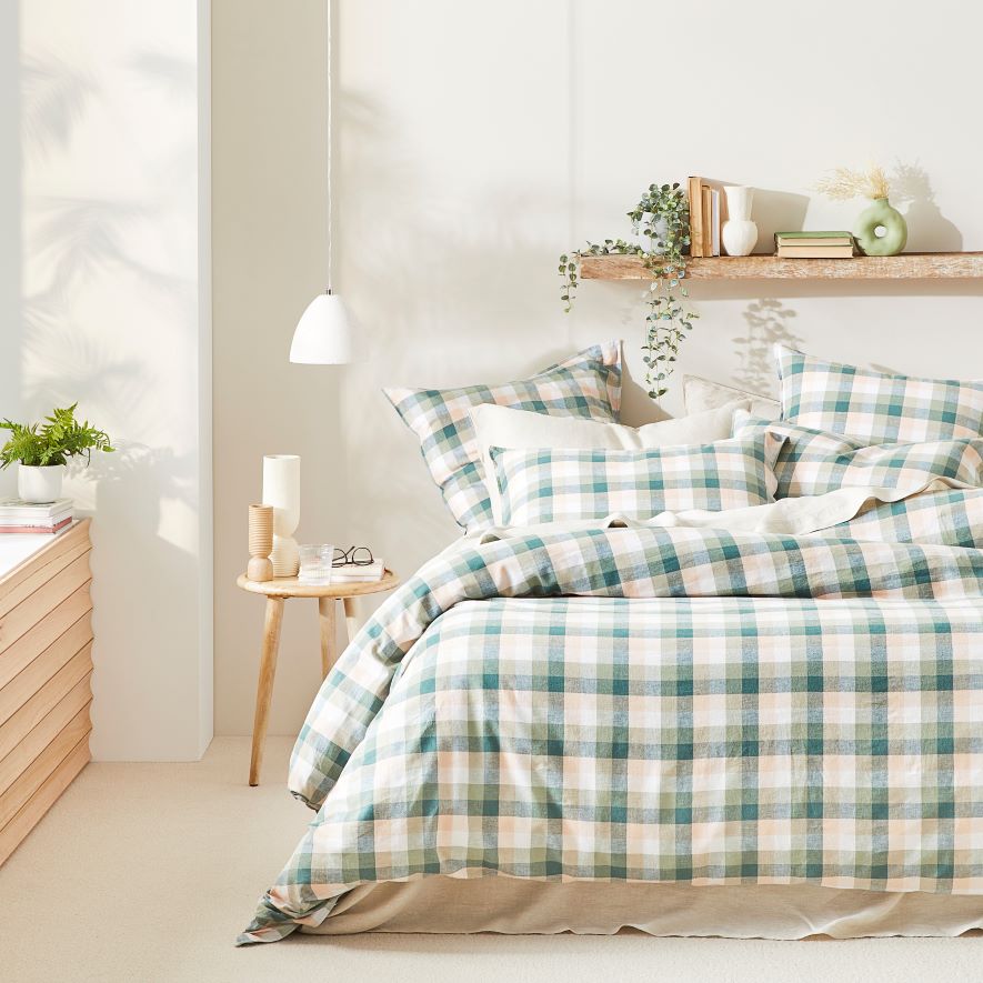 Vintage Washed Linen Cotton Greenery Check Quilt Cover Set + Separates