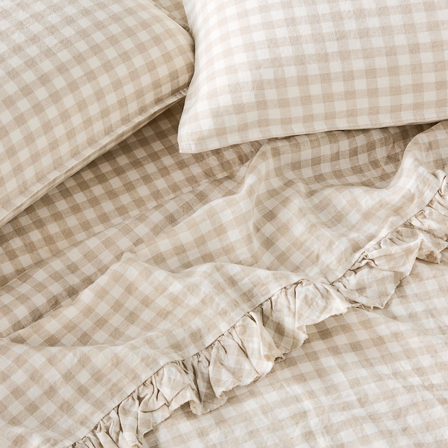 Vintage Washed Linen Ruffle Linen Check Flat Sheet Adairs
