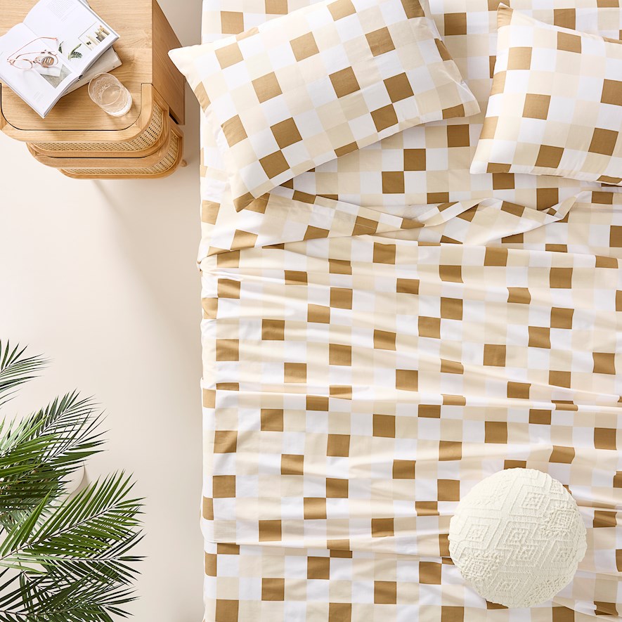 Perfect Cotton Printed Percale Natural Checkerboard Sheet Set | Adairs