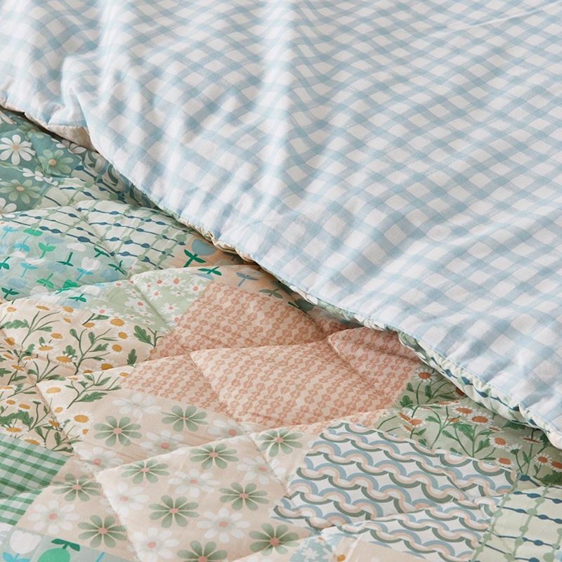 Wildflower Patchwork Spring Green Quilted Quilt Cover Set
