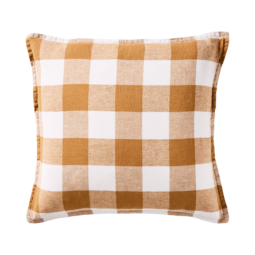 Belgian Tobacco & Linen Large Check Vintage Washed Linen Cushion