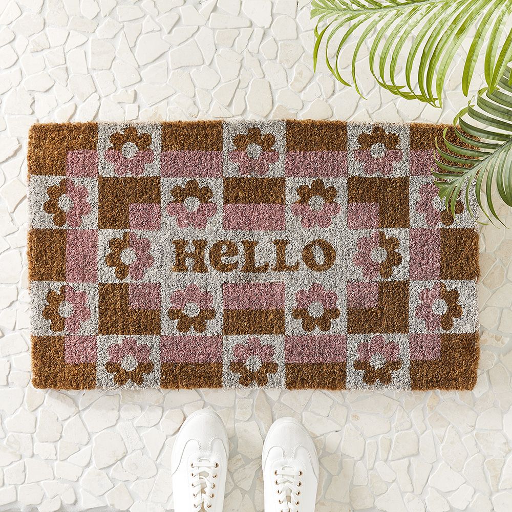 Coir Hello Retro Floral White & Pink Doormat Adairs