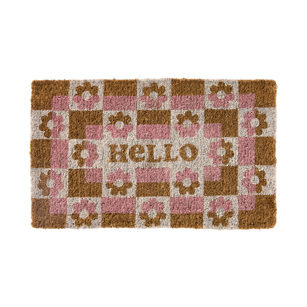 Coir Hello Retro Floral White & Pink Doormat Adairs