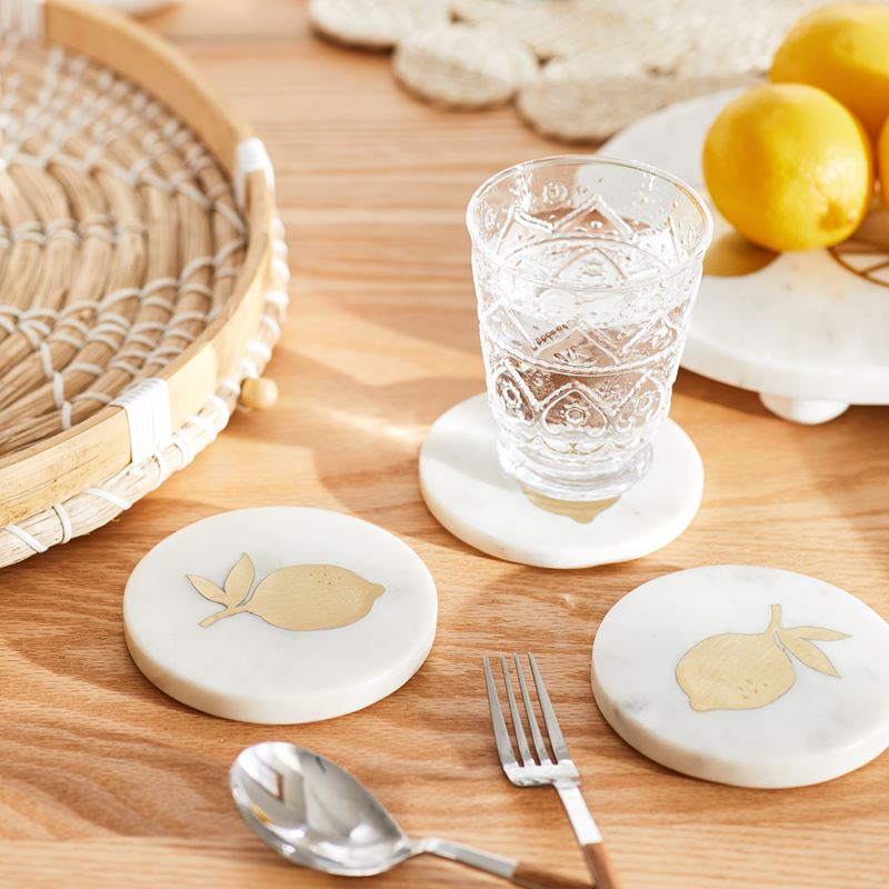 Mediterranean White & Gold Marble Lemon Coasters Pack of 4