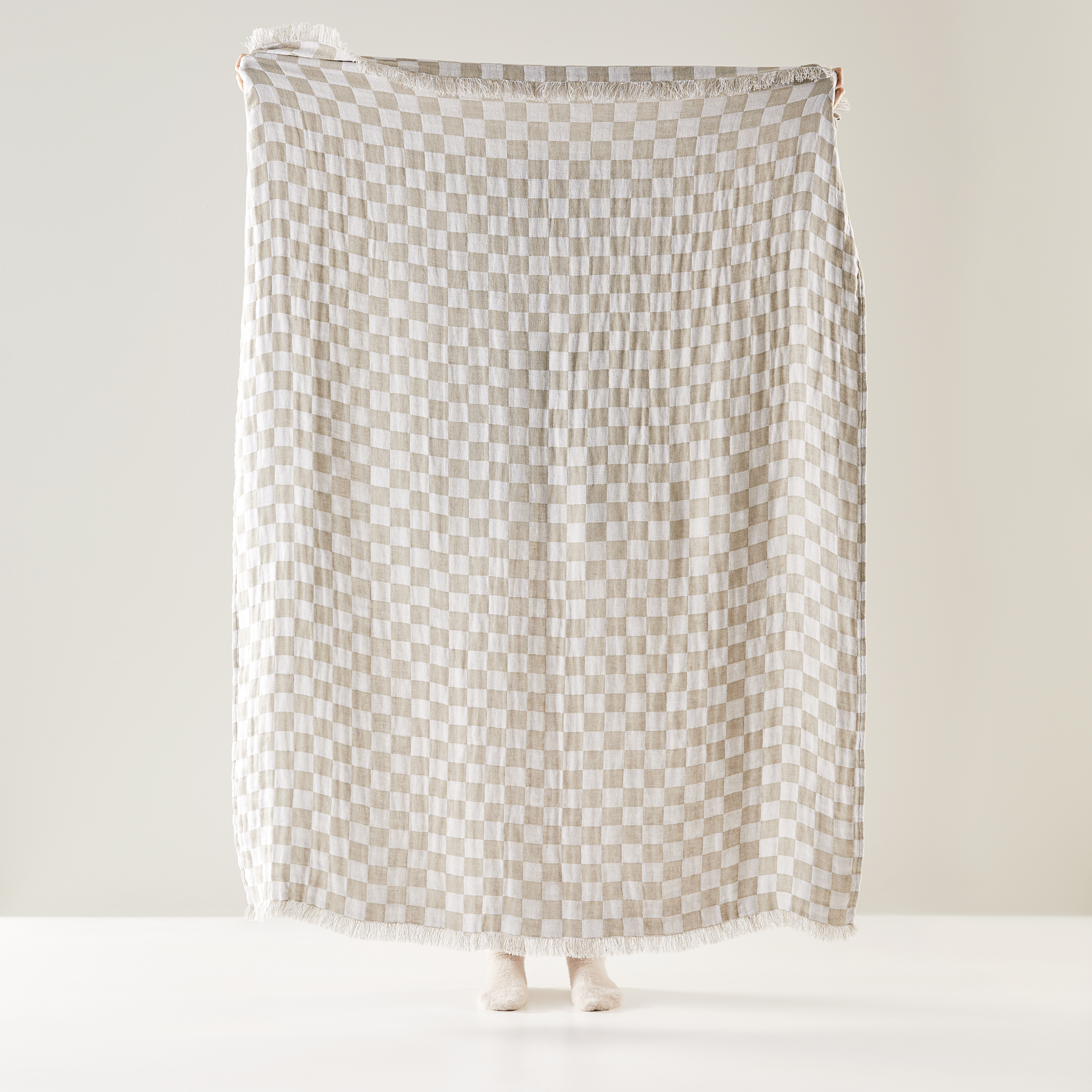 Elora White & Natural Check Linen Throw | Adairs