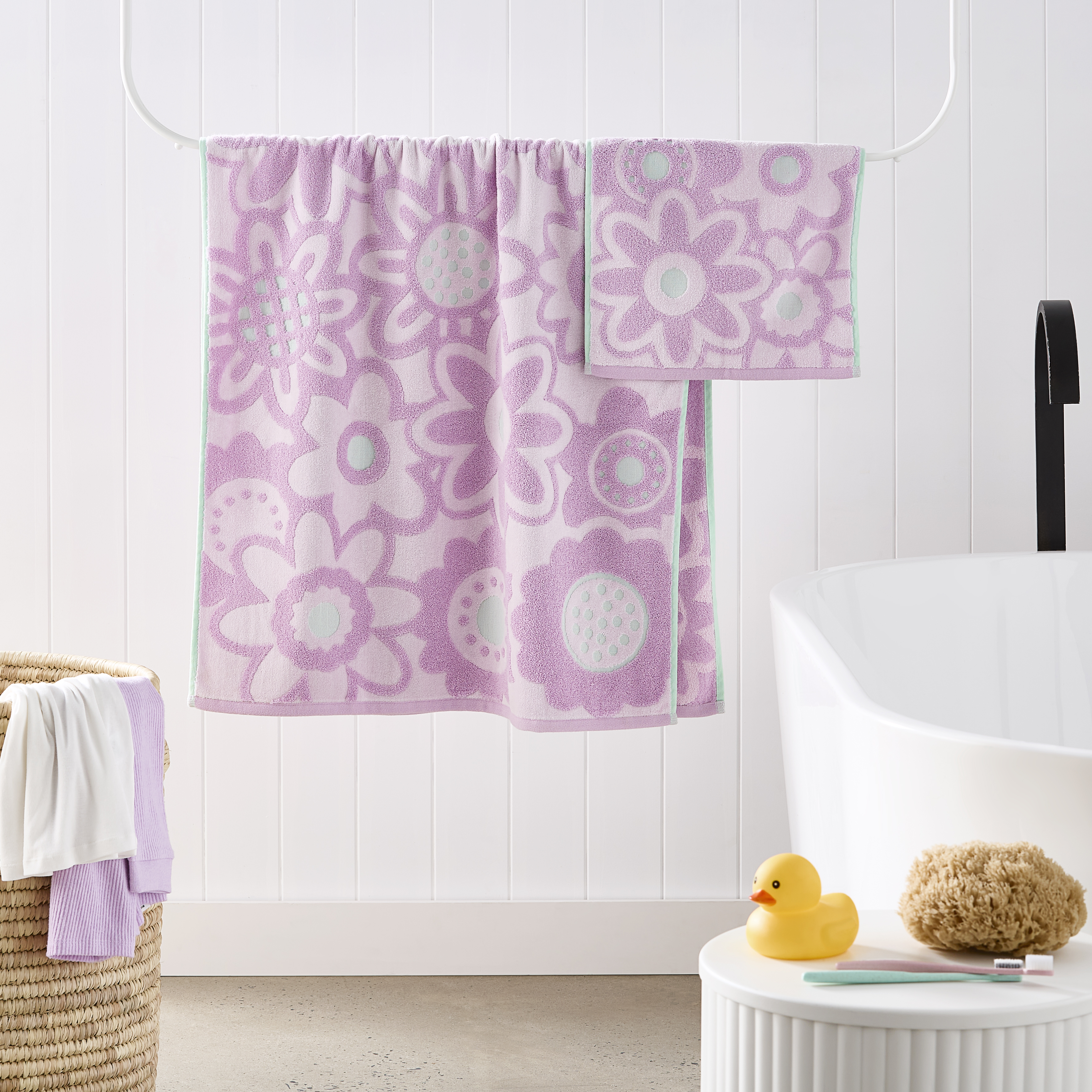 Adairs Kids - Poppy Floral Lilac & Mint Towel Range | Bathroom | Adairs