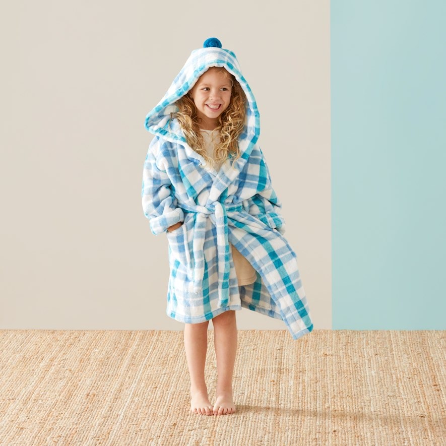 Adairs Kids - Ultra Soft Blue Ocean Gingham Kids Bath Robe | Adairs
