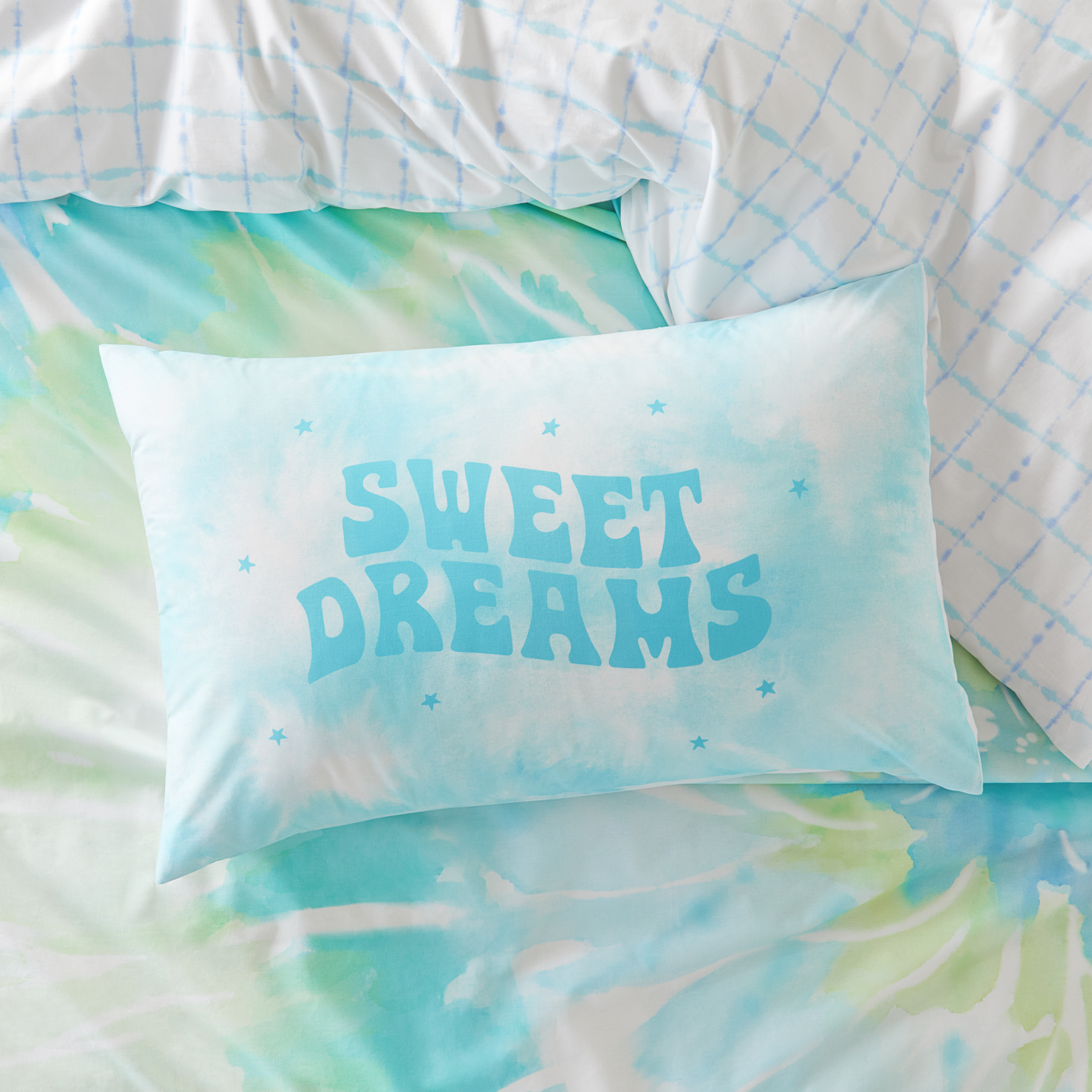 Adairs Kids Tie Dye Dreams Aqua Text Pillowcase Adairs