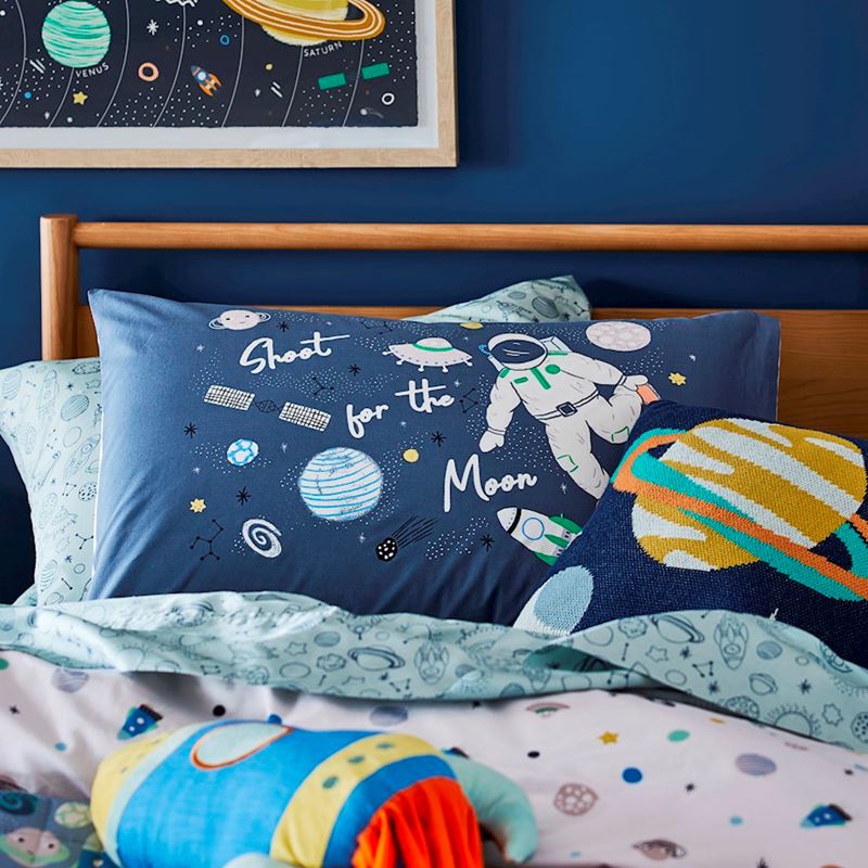 Adairs Kids - Shoot for the Moon Navy Text Pillowcase | Adairs