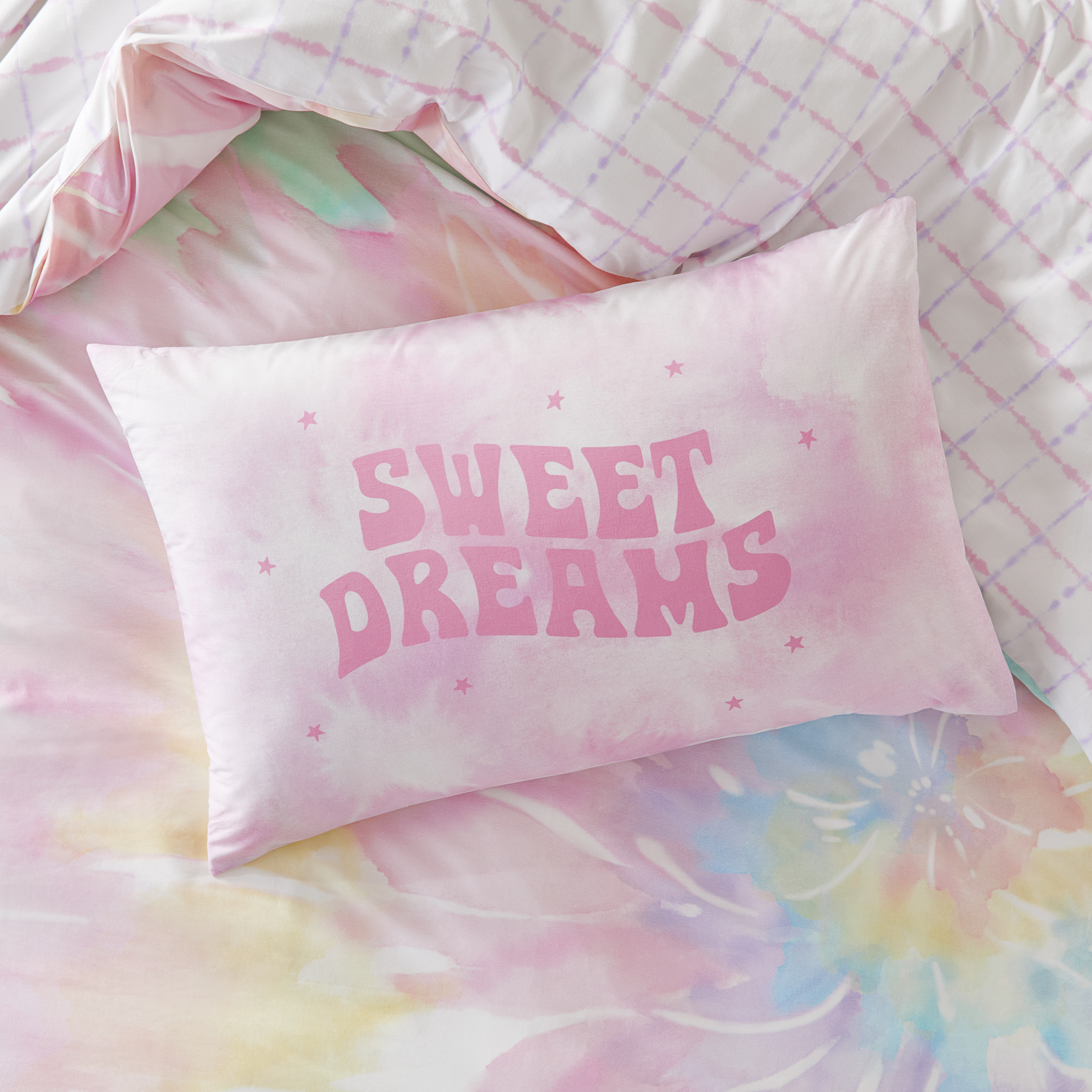 Adairs Kids Tie Dye Dreams Pink Text Pillowcase Adairs