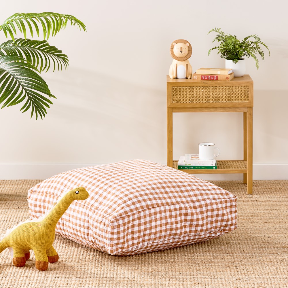 Adairs Kids - Vintage Washed Linen Caramel Check Floor Cushion | Adairs