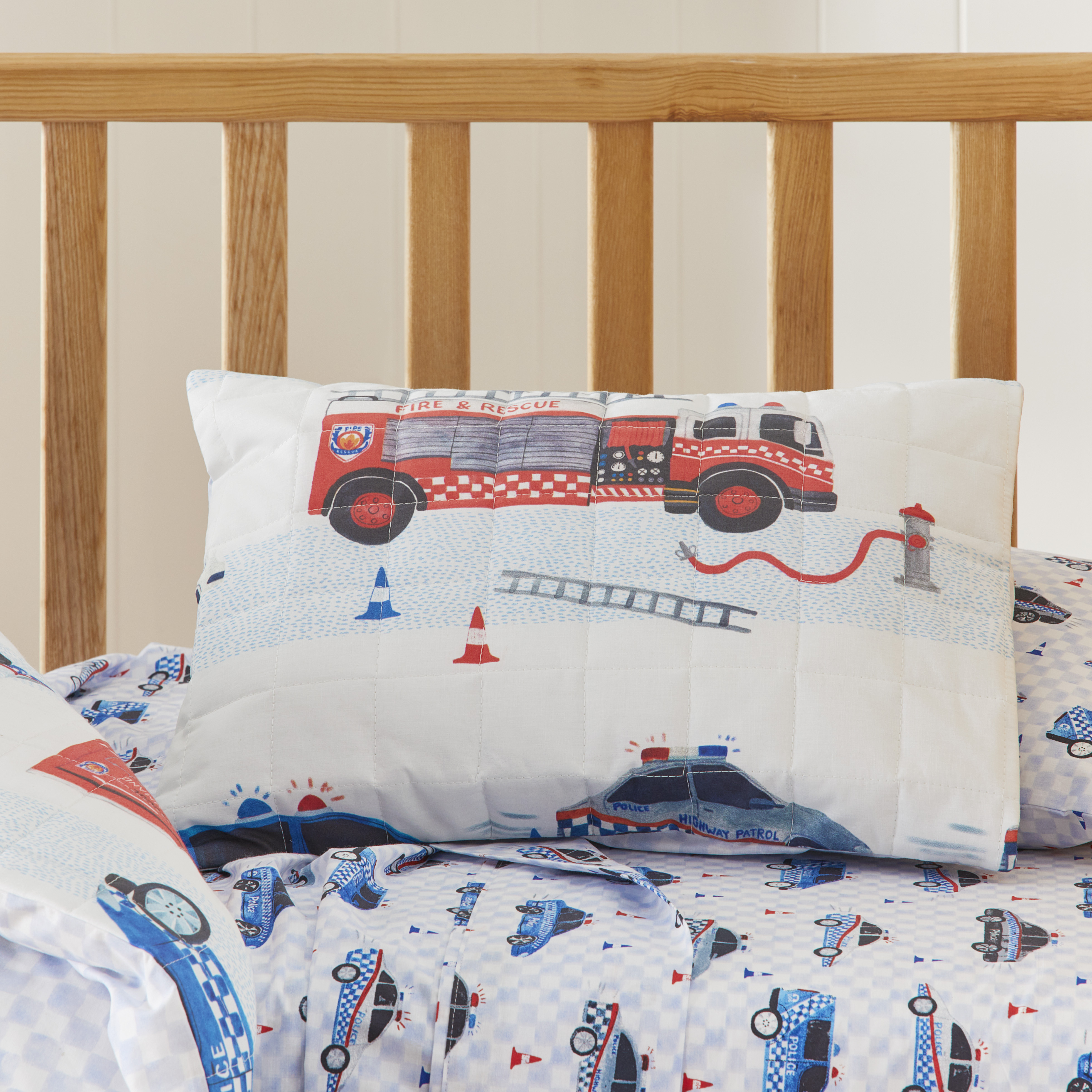 Adairs Kids Lights and Sirens White Cot Quilt Cover Set Adairs