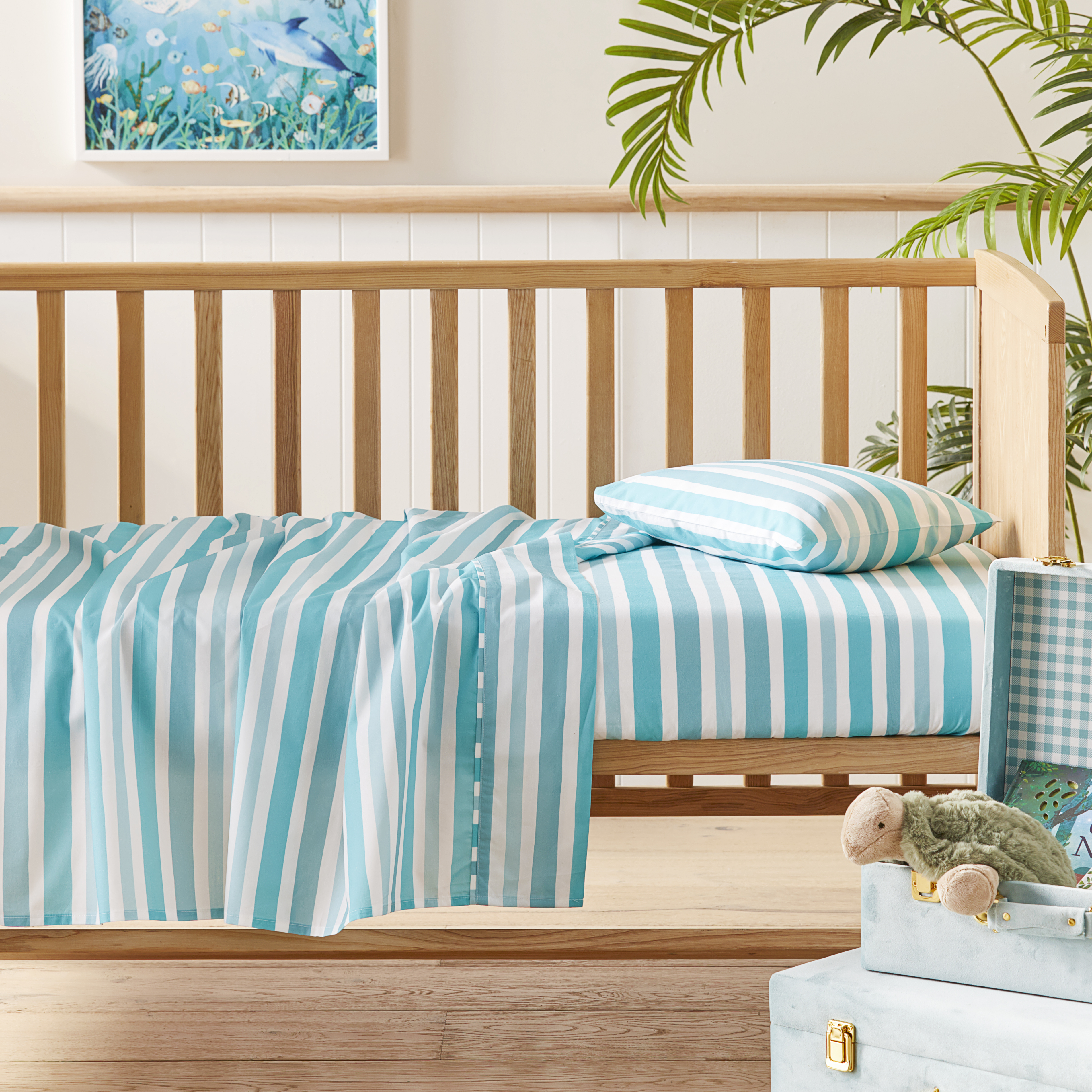 Adairs Kids Sammy Stripe Aqua Cot Sheet Set Adairs