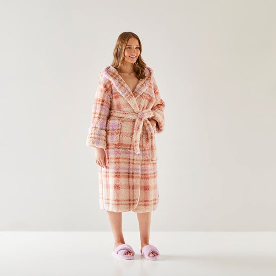 Printed Sherpa Sunset Check Hooded Robe