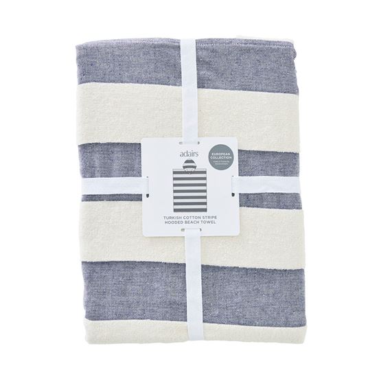 European Navy & Natural Stripe Turkish Cotton Hooded Beach Towel