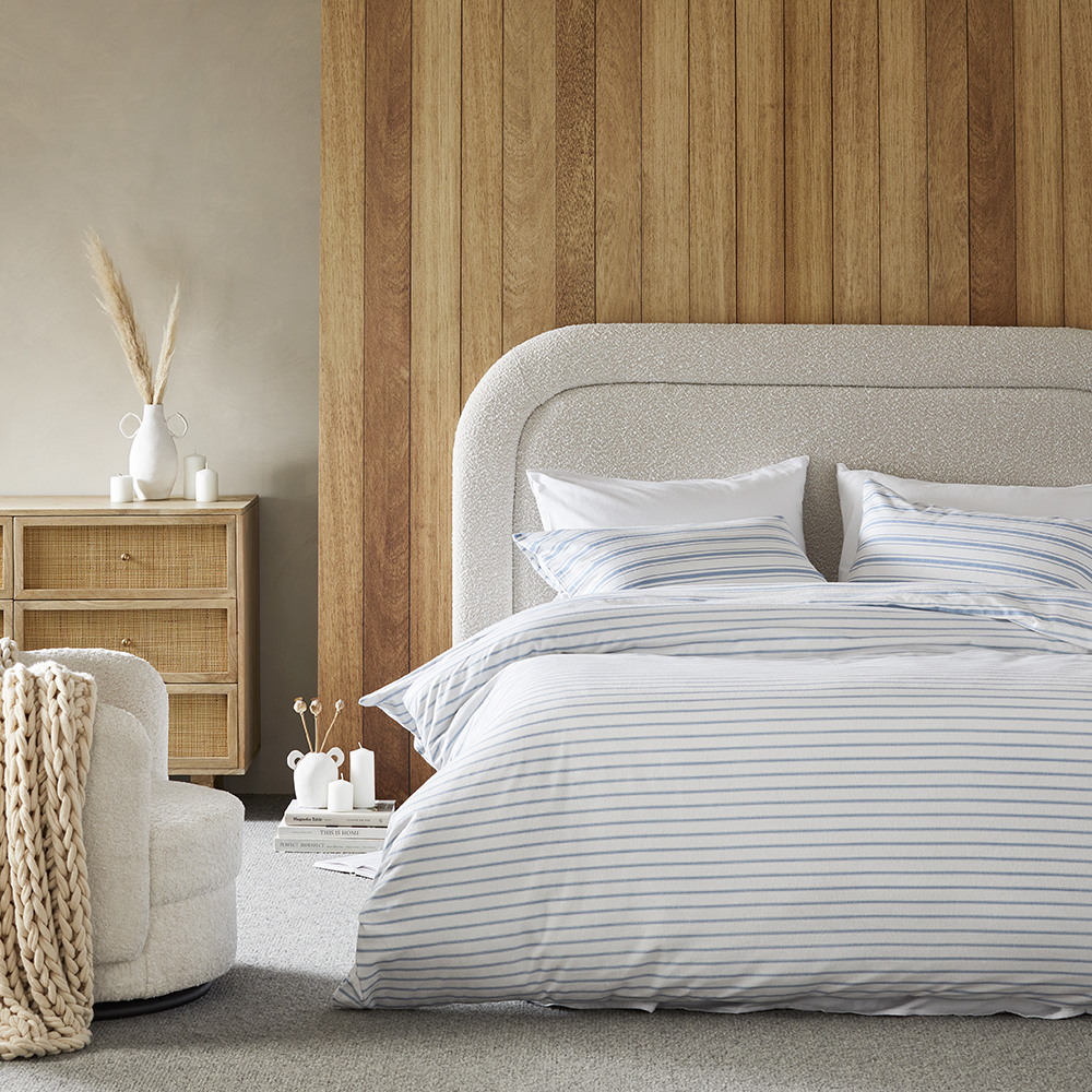 Flannelette Printed Steel Blue Ticking Stripe Quilt Cover Set Adairs