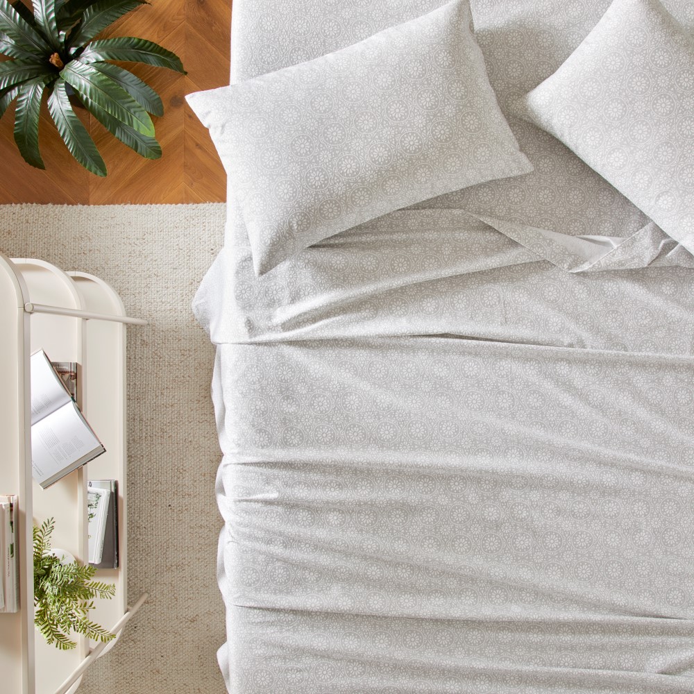 Flannelette Printed Moroccan Tile Silver Sheet Set Adairs