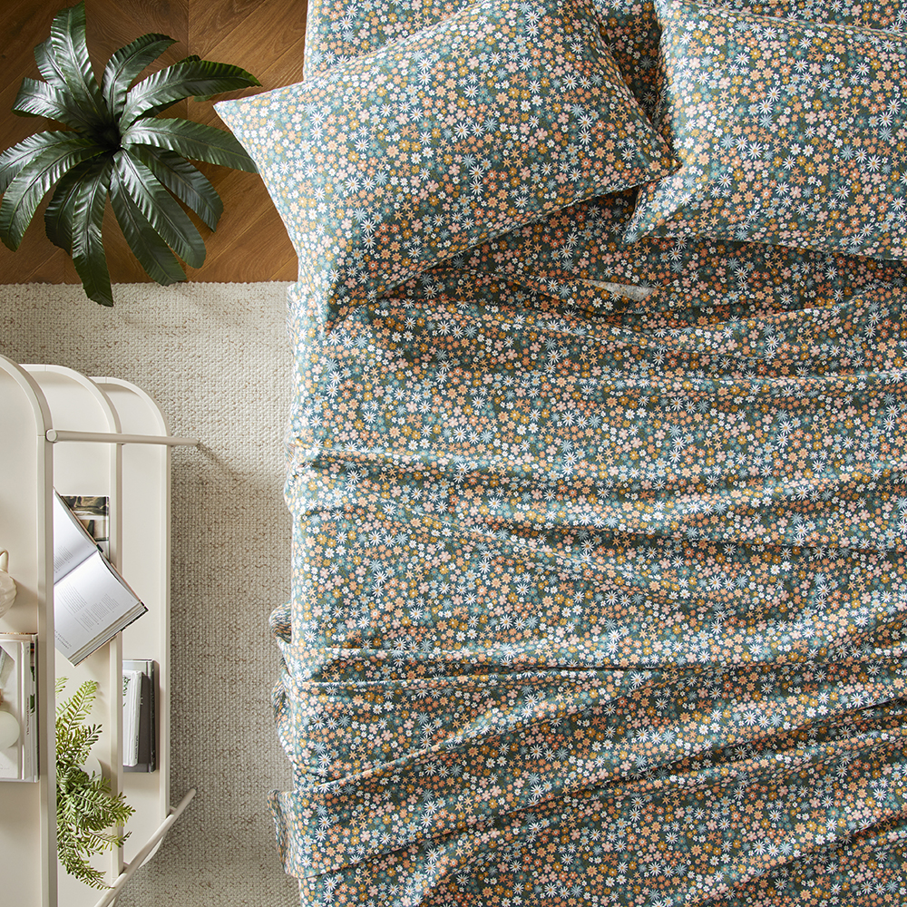 Flannelette Printed Midnight Floral Petrol Blue Sheet Set Adairs