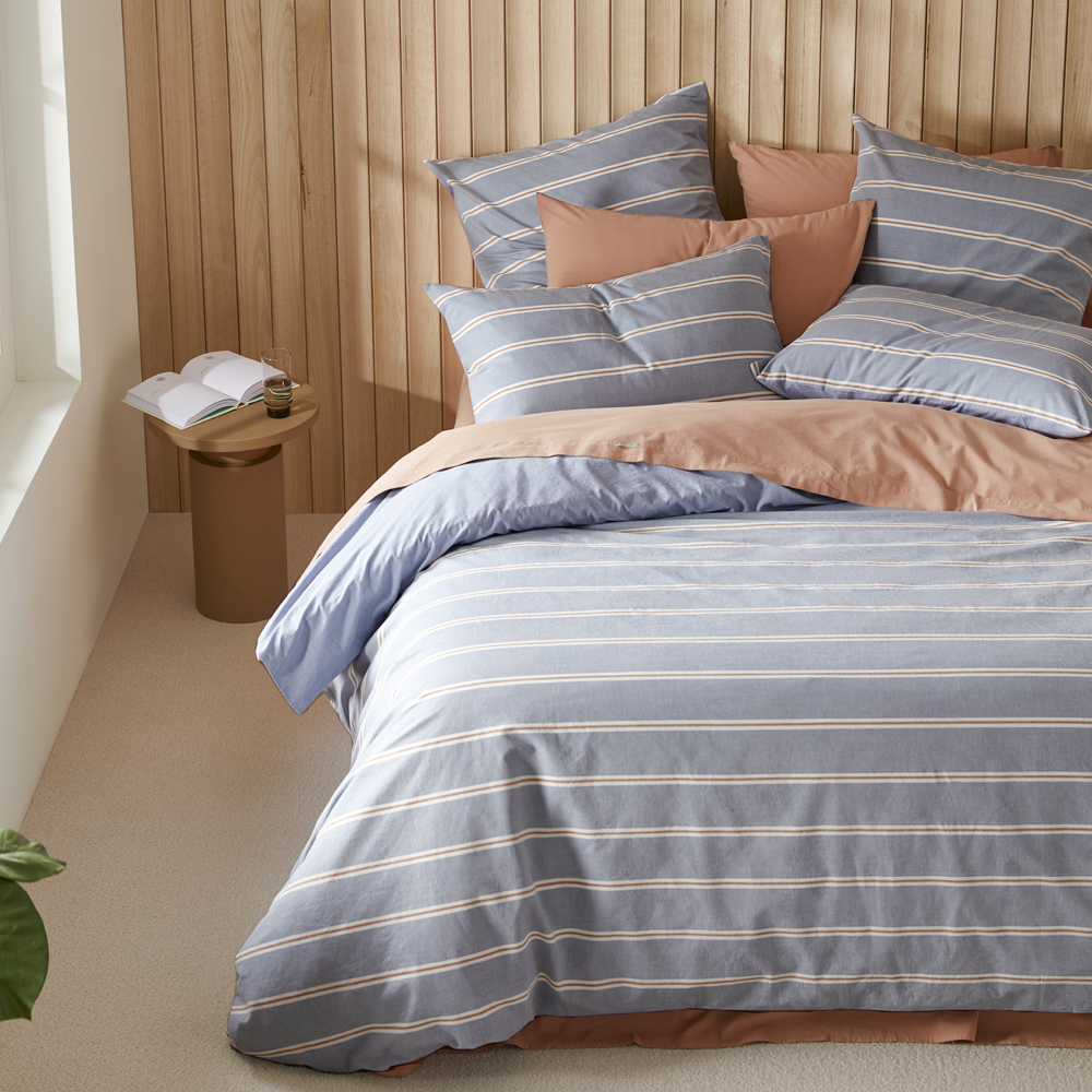 100% Stonewashed Cotton Pillowcase Pair- Sky Blue Stripe
