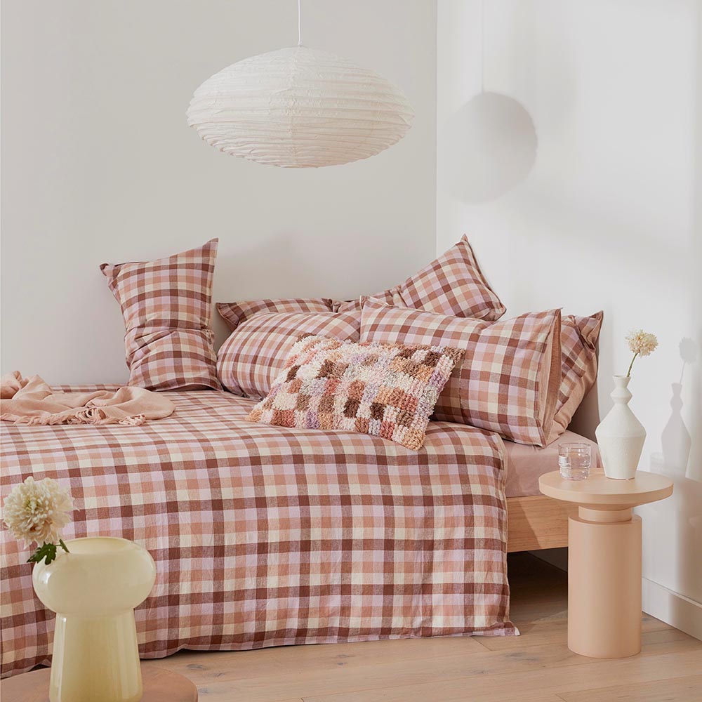 Vintage Washed Linen Cotton Mauve Check Quilt Cover Set + Separates