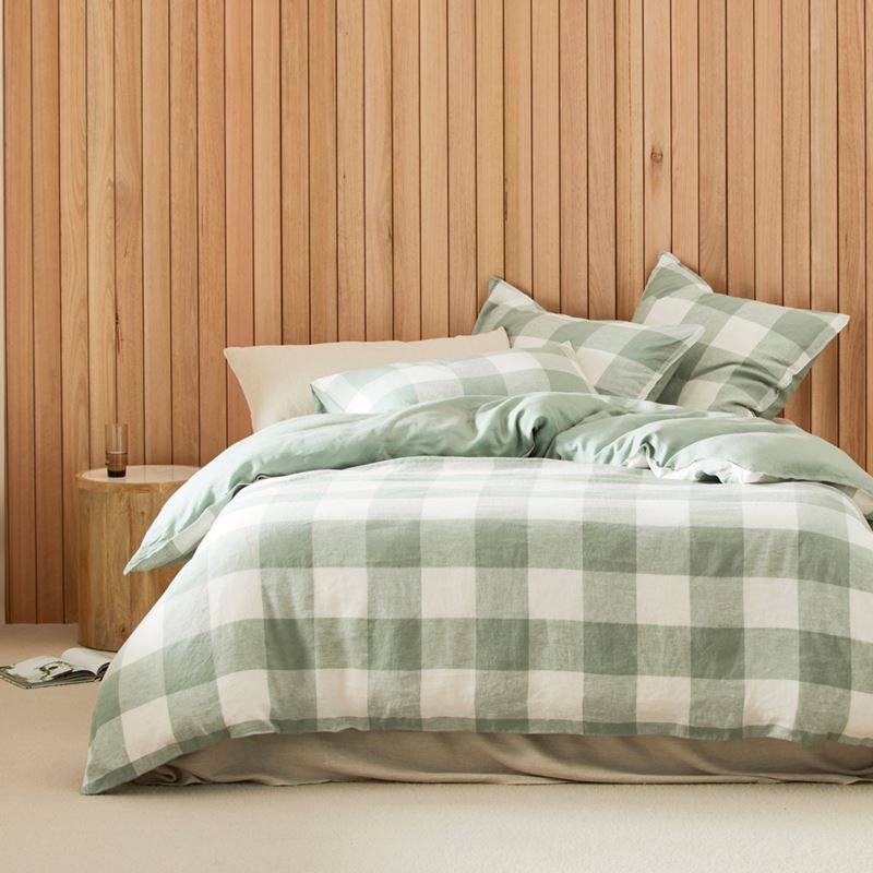 Vintage Washed Linen Large Eucalyptus Check Pillowcases