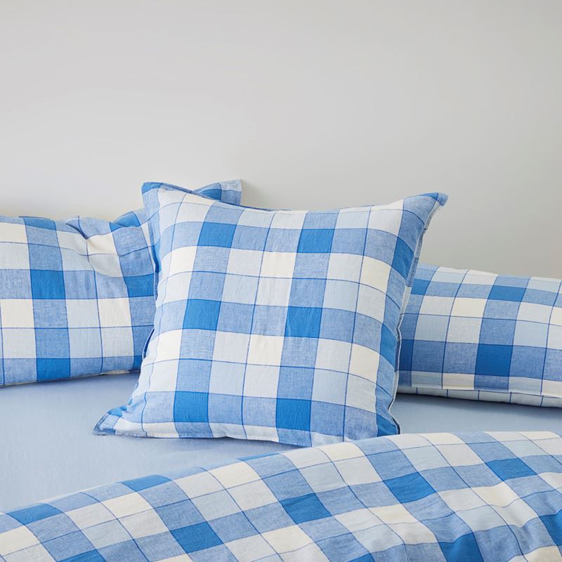 Vintage Washed Linen Cotton French Blue Check Quilt Cover Set + Separates