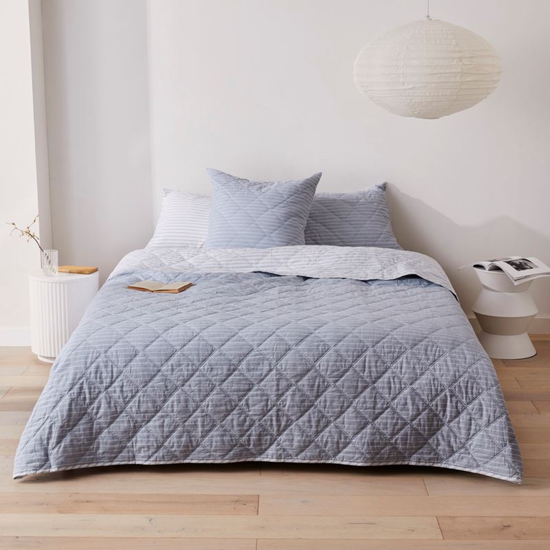 Stonewashed Cotton Blue Stripe Quilted Coverlet Separates
