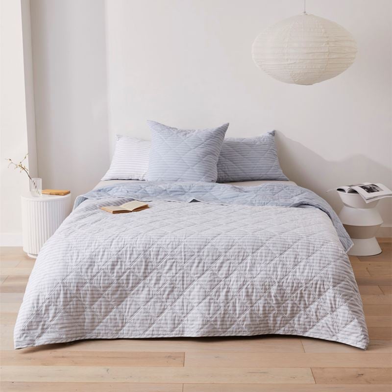 Stonewashed Cotton Blue Stripe Quilted Coverlet Separates