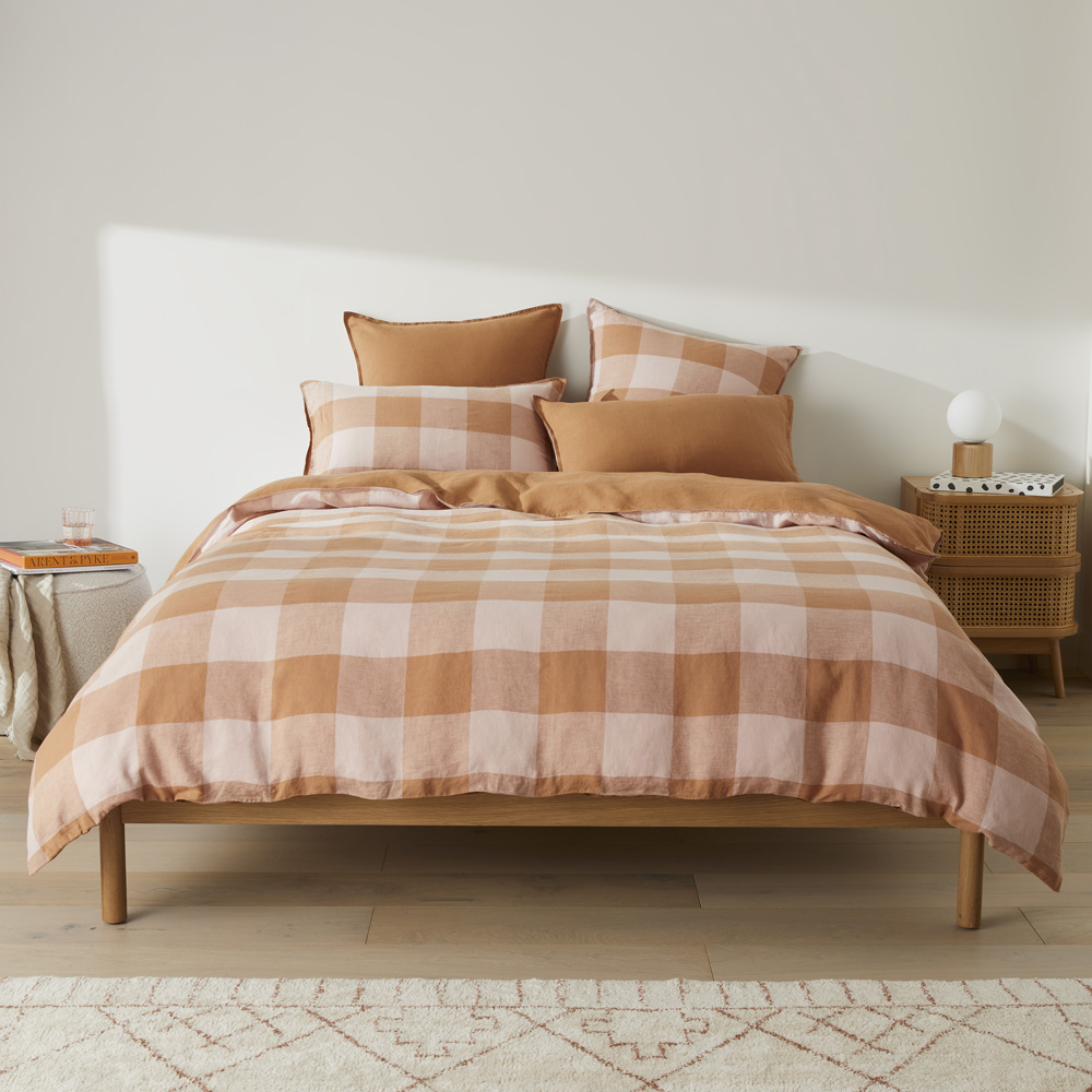 Vintage Washed Linen Large Caramel & Pink Check Quilt Cover + Separates | Adairs