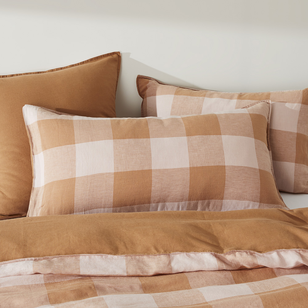 Vintage Washed Linen Large Caramel & Pink Check Quilt Cover Separates