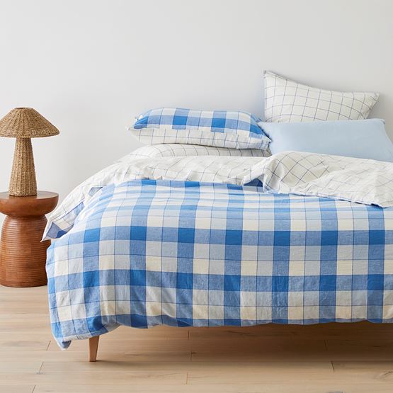 Vintage Washed Linen Cotton French Blue Check Quilt Cover Set + Separates