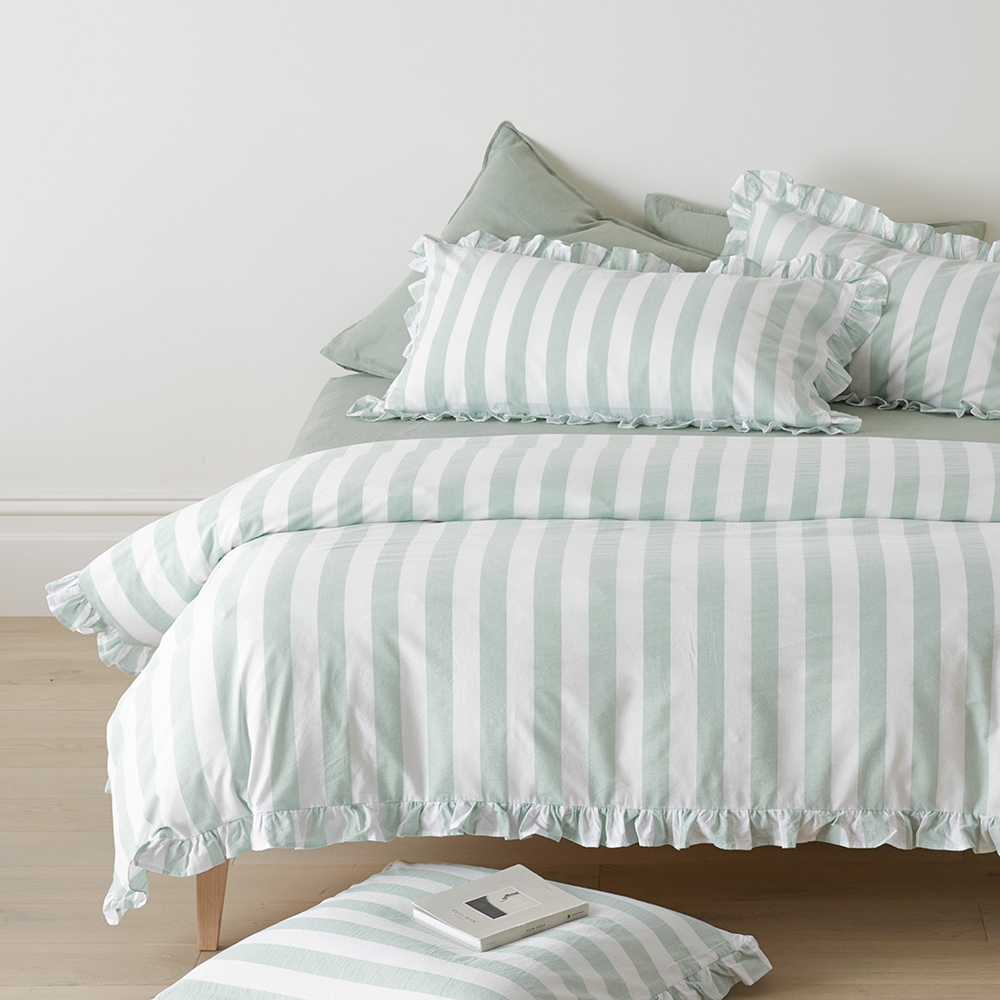 Single Bed Ruffle Ruffle Mint Blue Stripe Quilt Cover Set + Separates | Adairs