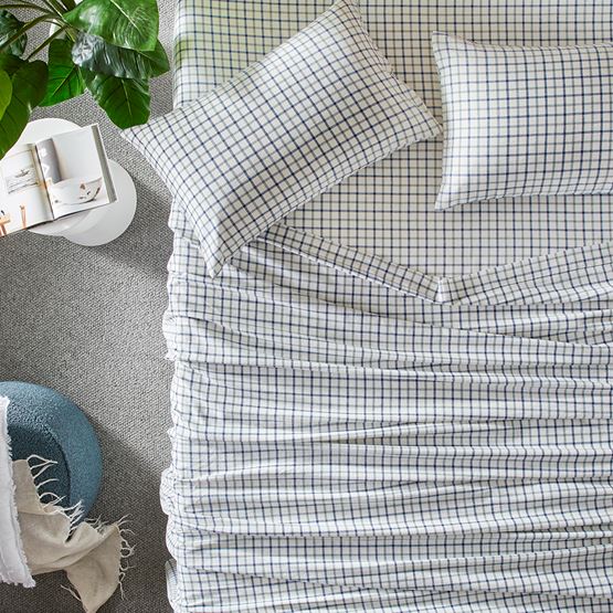Vintage Washed Linen Cotton Stormy Blue Check Sheet Set