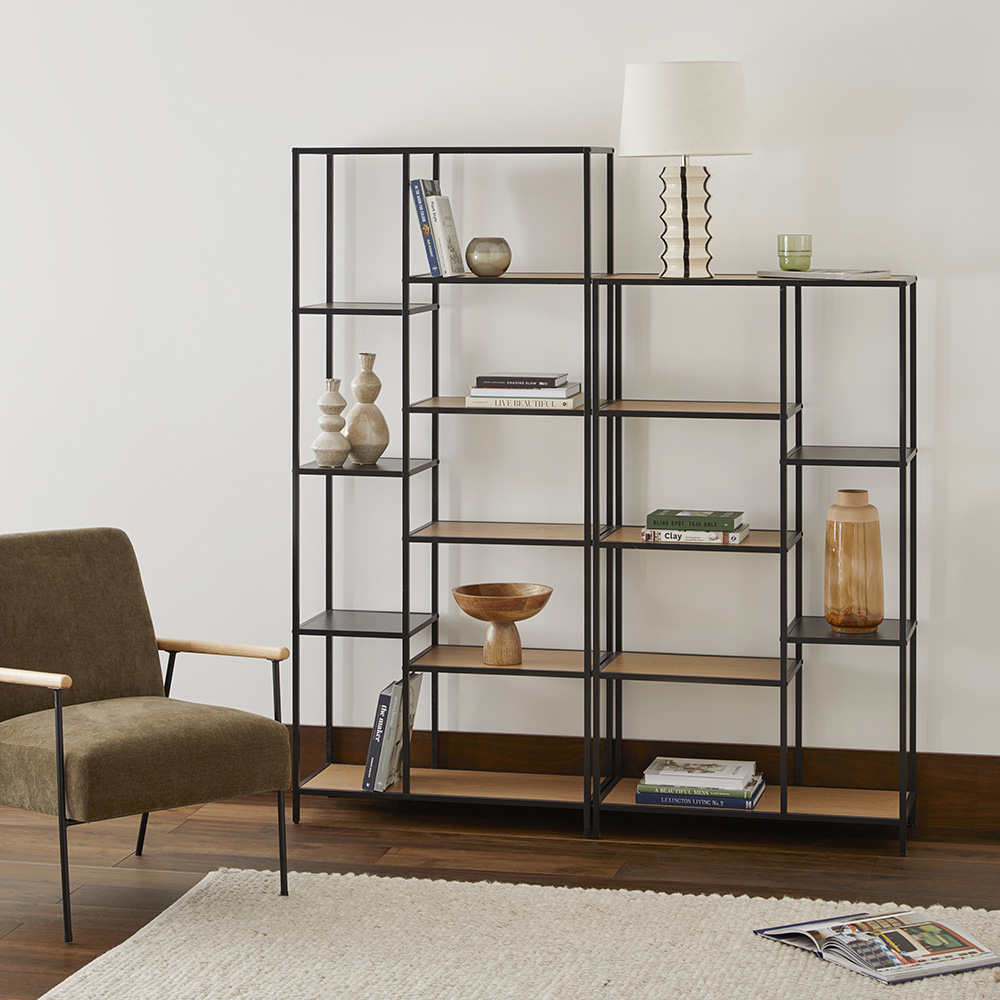 Large oak shelving shop unit