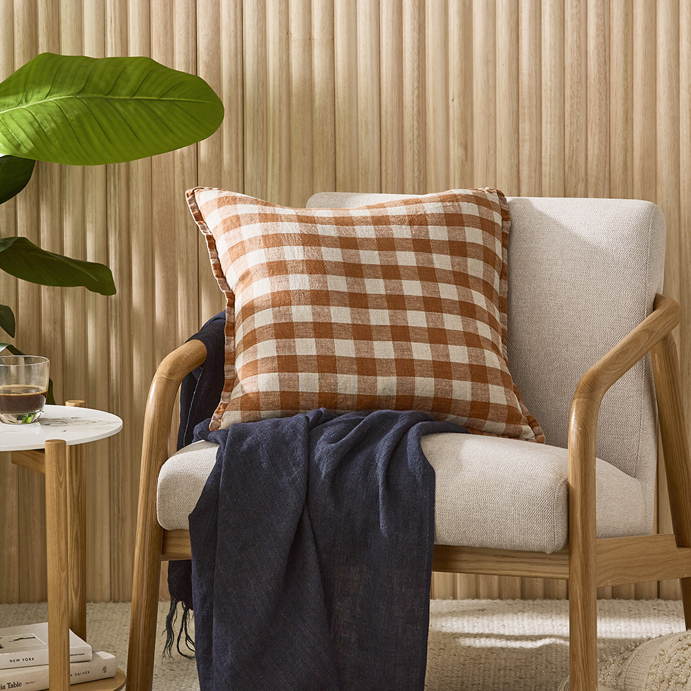 Belgian Check Brown Sugar Linen Vintage Washed Linen Cushion