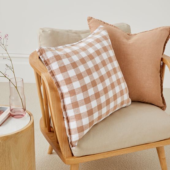 Belgian Hazelnut & White  Check Vintage Washed Linen Cushion
