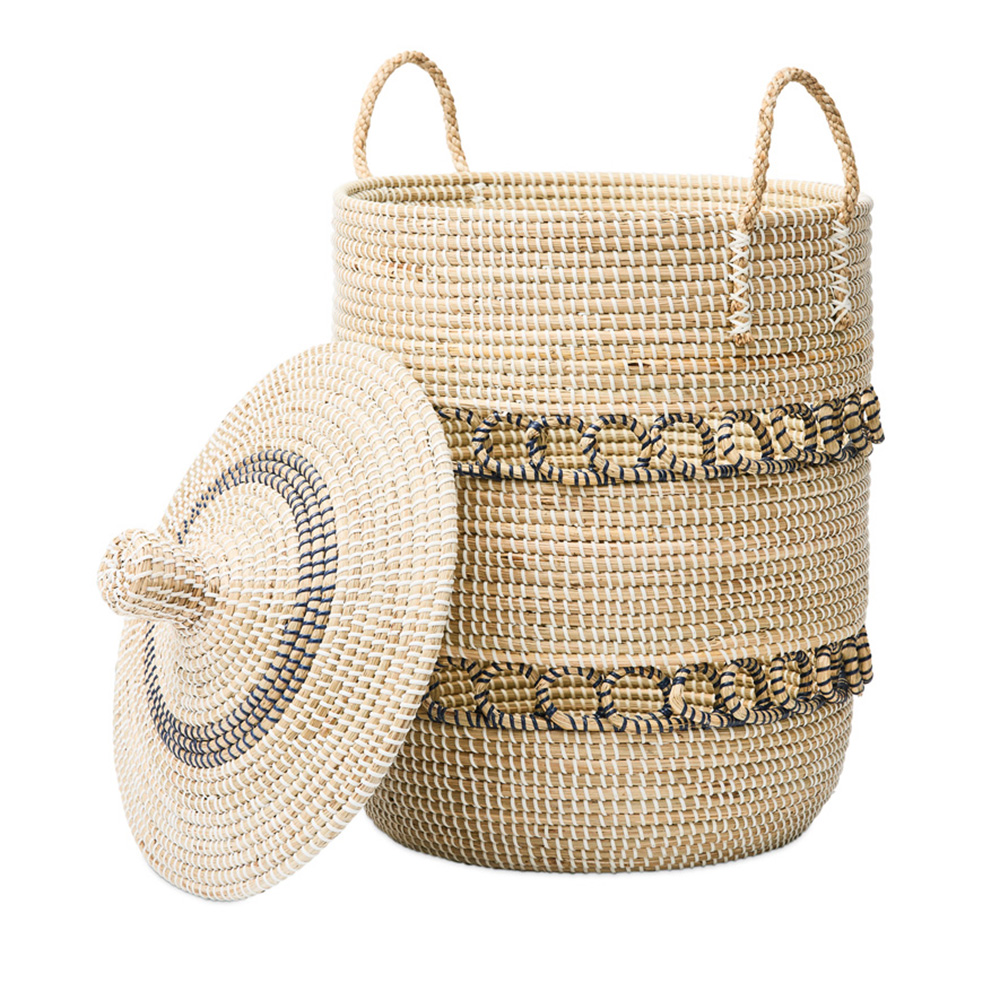 Algiers White & Blue Loops Laundry Basket | Adairs