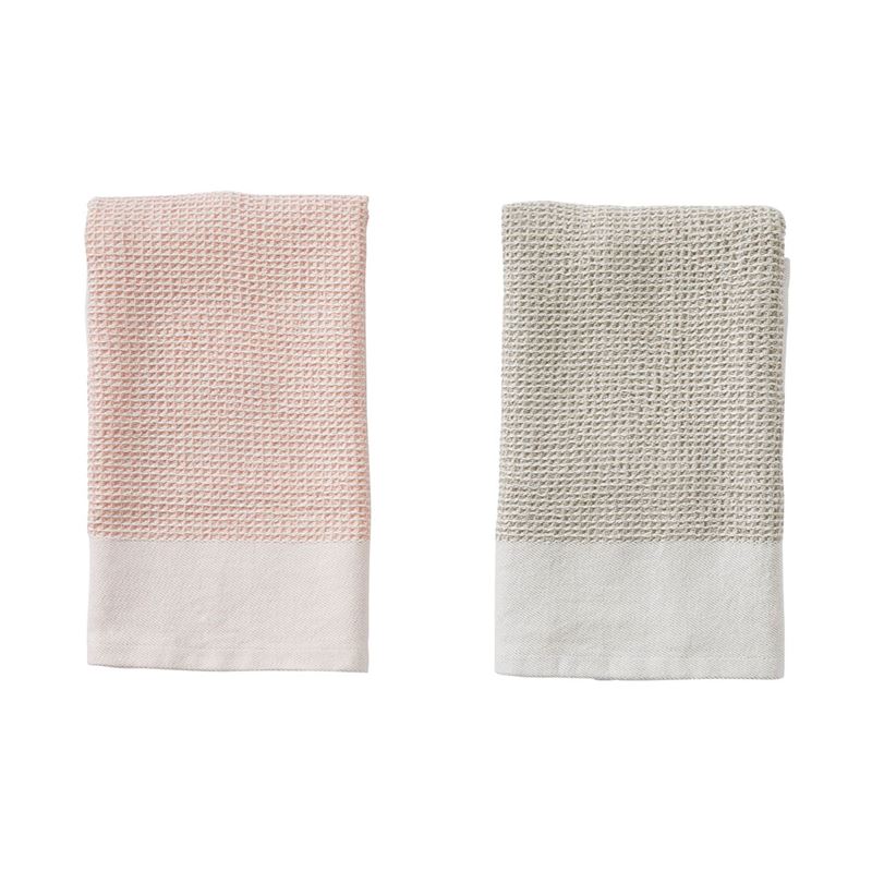 Stonewashed Waffle Pink & Natural Tea Towel & Dishcloth Set