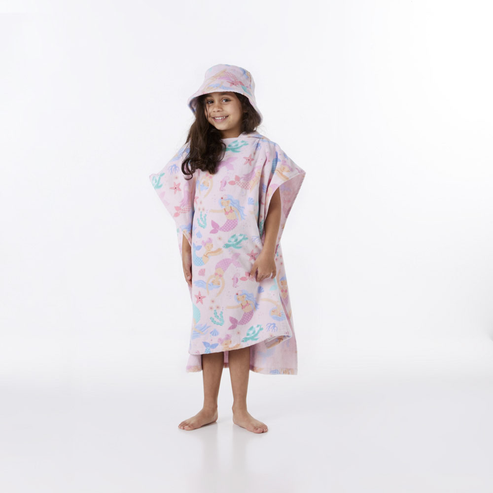 Hexagram Mermaid Hooded Beach Towel For Kids - 30x50 Inch Quick-Dry Poncho Towel, Teal & Pink