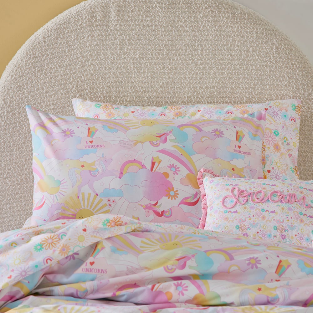 Adairs Kids Stonewashed Cotton I Love Unicorns Rainbow Quilt Cover Set Adairs