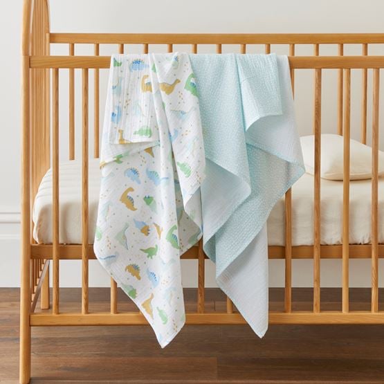 Dino Hatchlings White Cotton Muslin Baby Swaddles 2pk