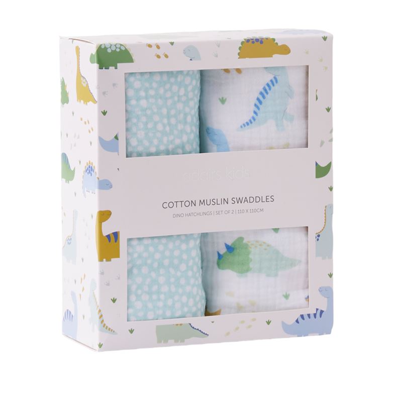 Dino Hatchlings White Cotton Muslin Baby Swaddles 2pk