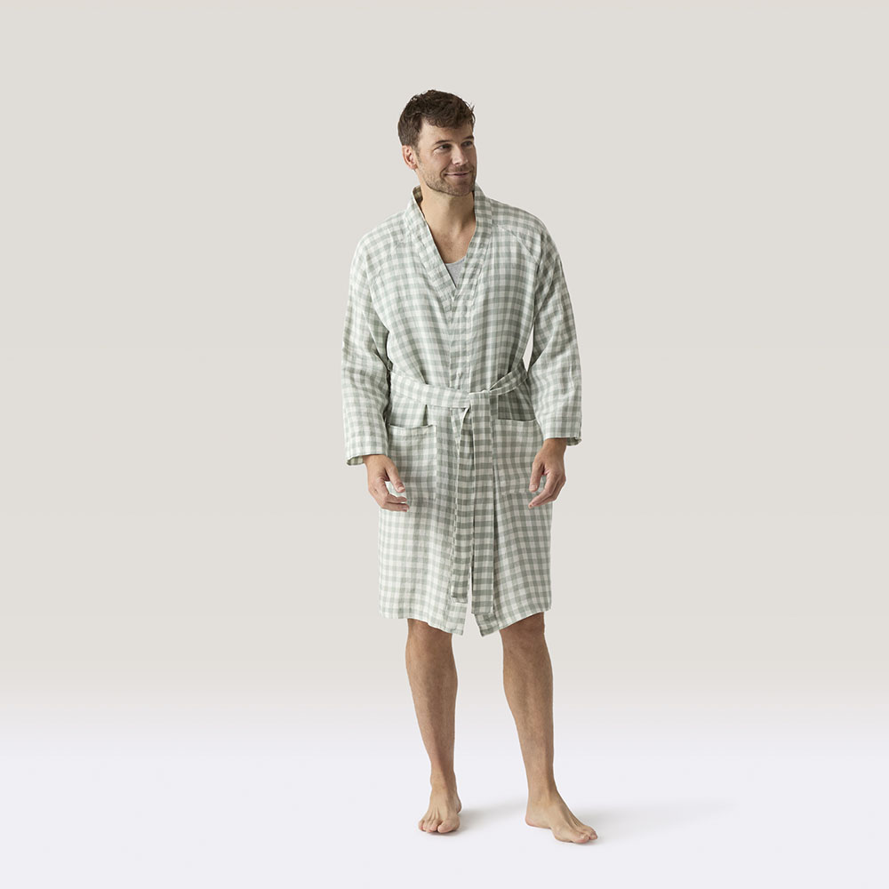 Vintage Washed Linen Eucalyptus Check Robe | Adairs