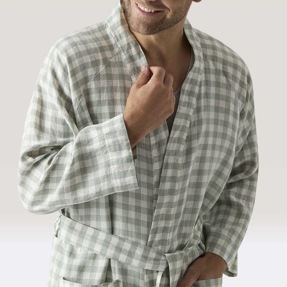 Vintage Washed Linen Eucalyptus Check Robe | Adairs