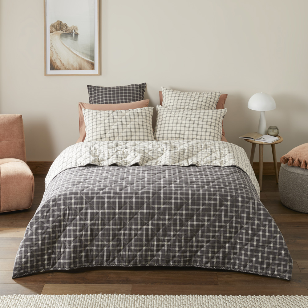Stonewashed Cotton Charcoal Grid Quilted Coverlet Separates | Adairs