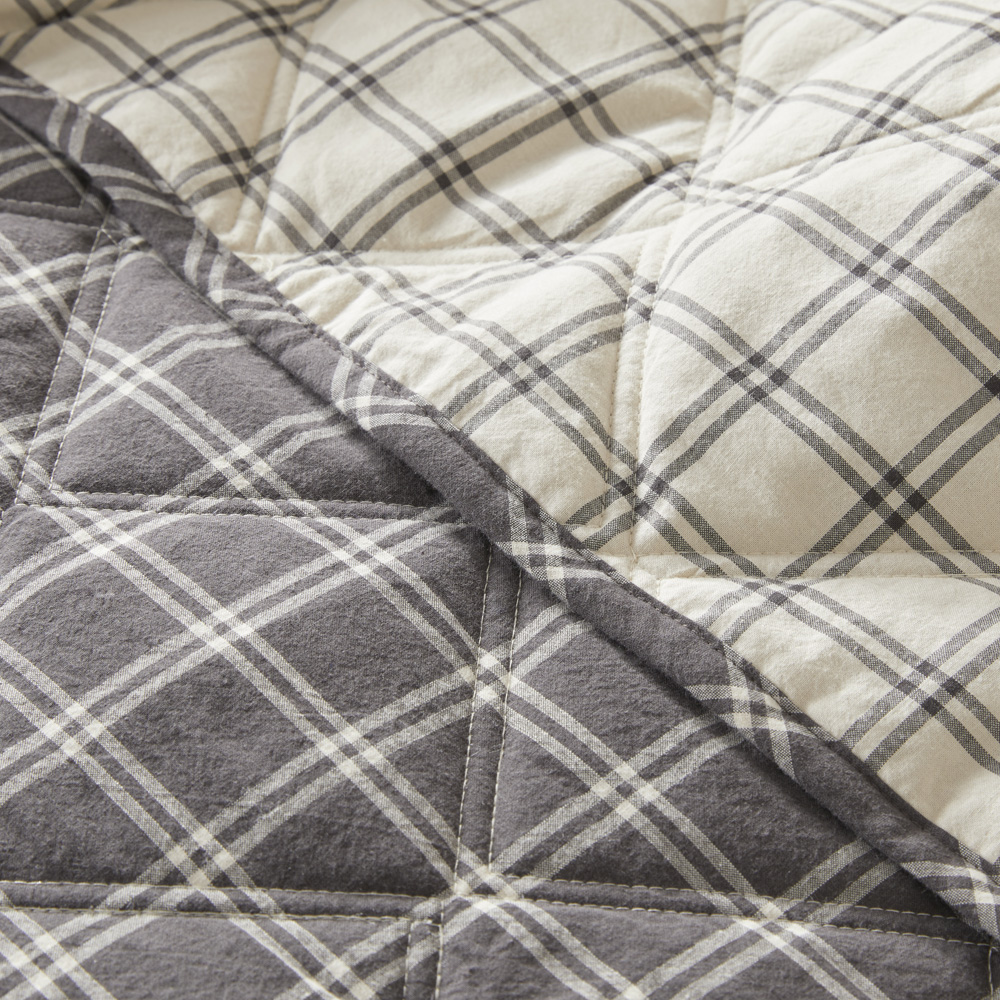 Stonewashed Cotton Charcoal Grid Quilted Coverlet Separates | Adairs