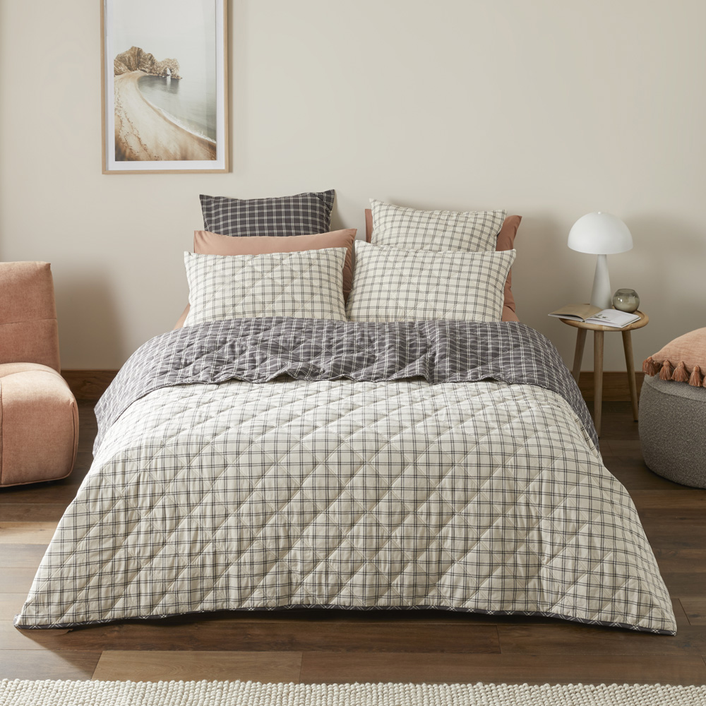 Stonewashed Cotton Charcoal Grid Quilted Coverlet Separates | Adairs