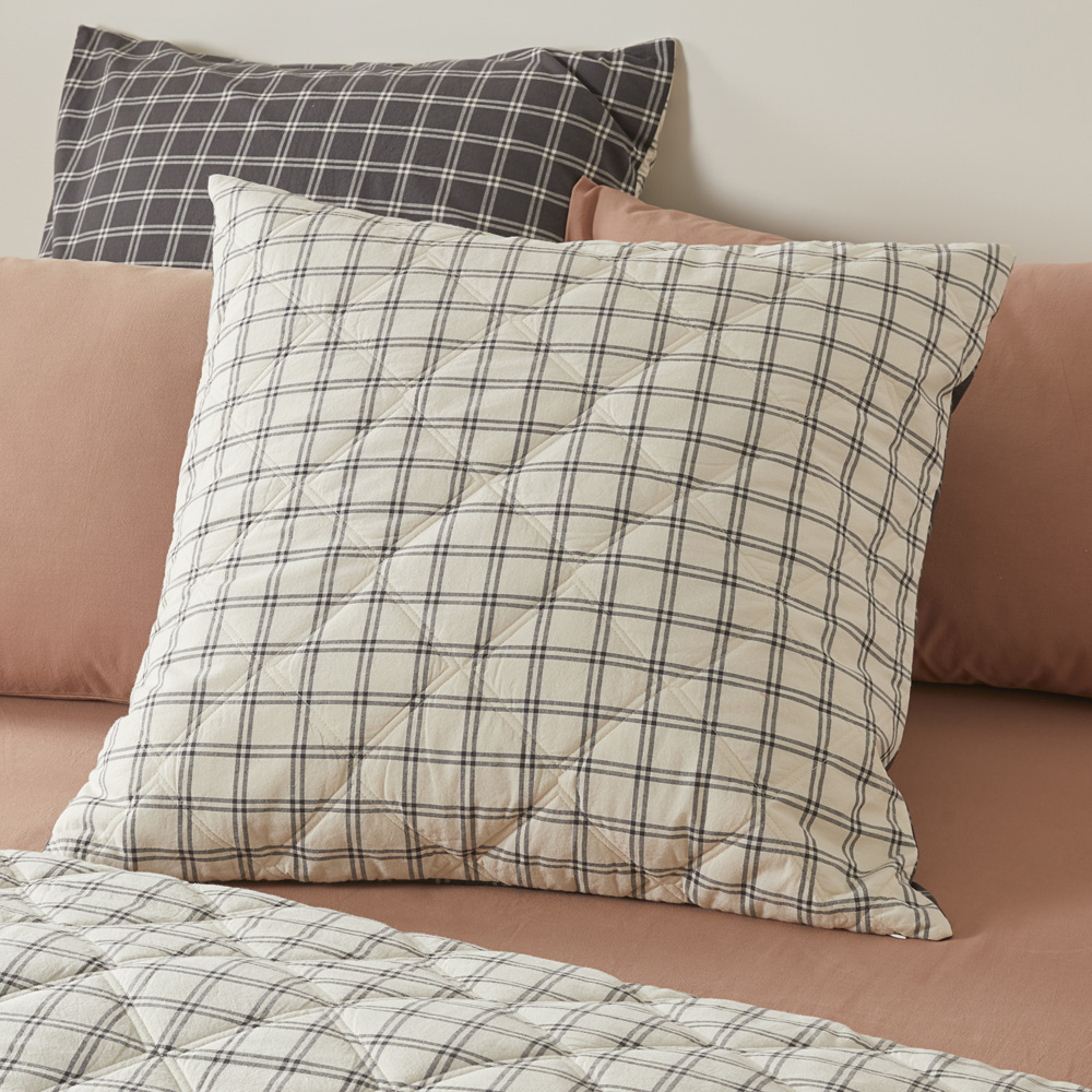 Stonewashed Cotton Charcoal Grid Quilted Coverlet Separates | Adairs